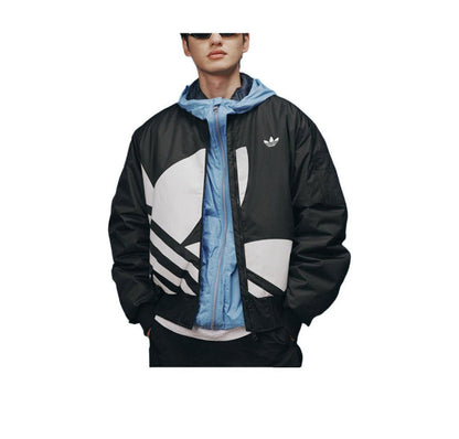 Black bomber jacket with front zip and large logo graphic, worn over light-blue hoodie