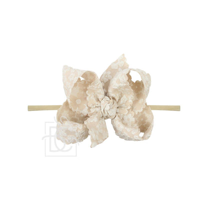 1/4" PANTYHOSE HEADBAND W/ SCALLOPED EDGE LACE FLOWER BOW: 3.5" Medium