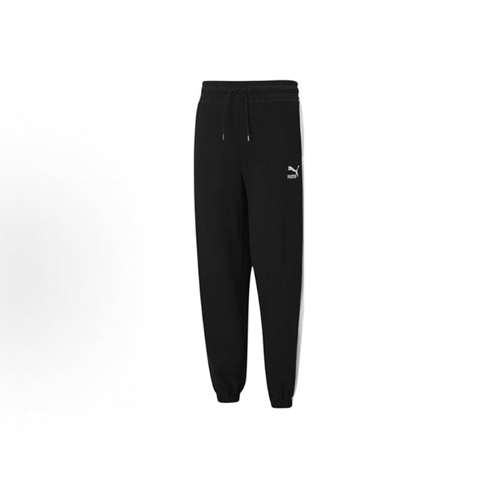 Black relaxed track pants with elastic cuffs and drawstring waist, Puma logo.
