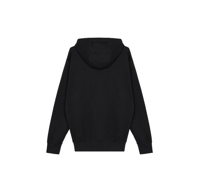 Black pullover hoodie, back view