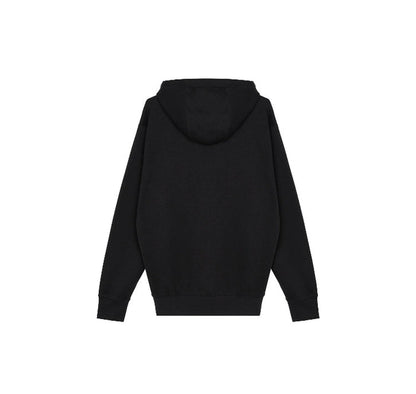 Black pullover hoodie, back view