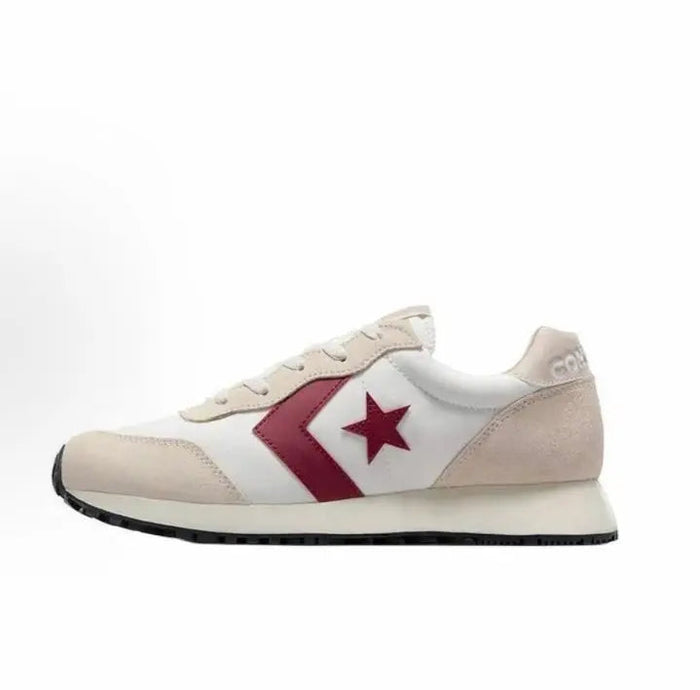 Cream and beige low-top sneaker with dark red star logo and stripe, black sole