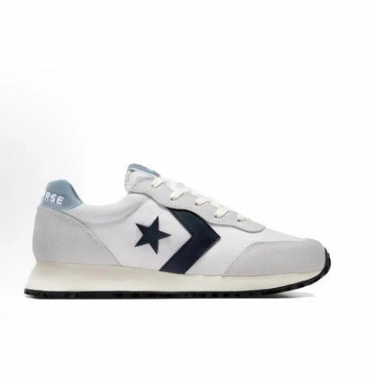 Side view of low-top lace-up sneakers in grey with navy chevron and star emblem