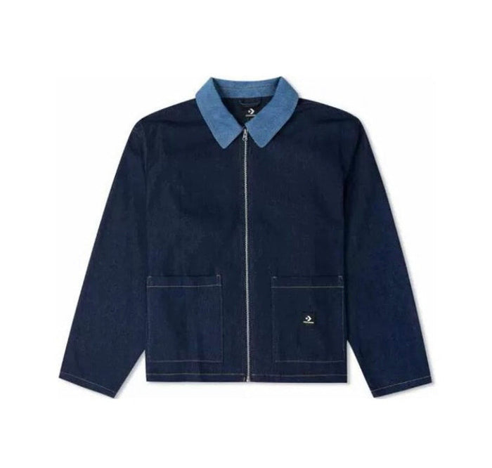 Converse One Star denim jacket in dark navy with light blue collar and zip front