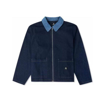 Converse One Star denim jacket in dark navy with light blue collar and zip front