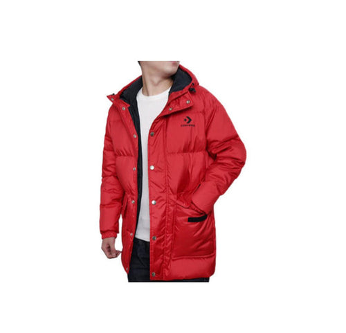 Converse One Star red puffer jacket with hood and front button placket