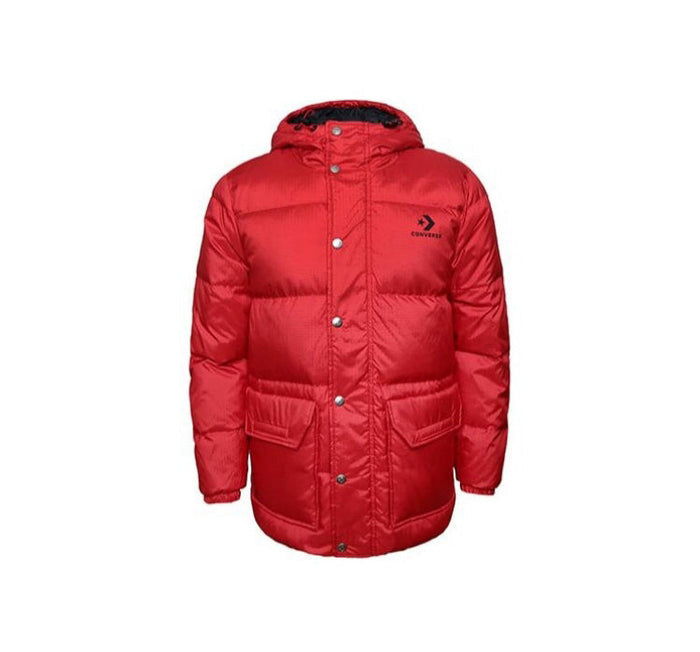 Converse One Star red puffer jacket, full snap-button front and hood with logo