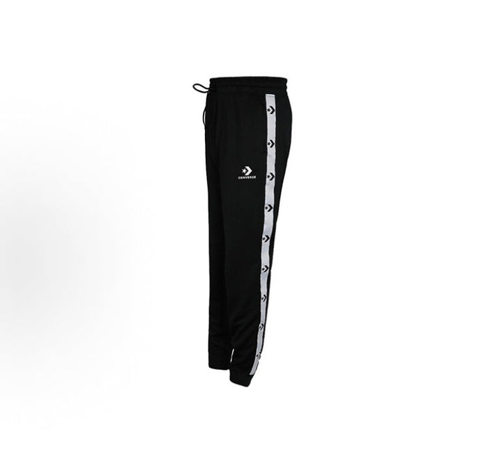 Black track pants with white side stripe detail and drawstring waist