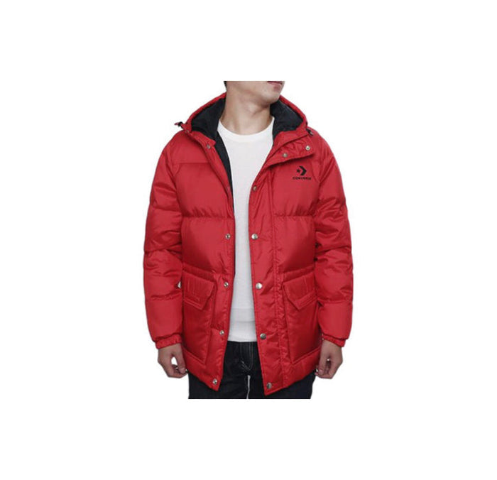 Converse One Star red puffer jacket with hood, snap buttons, and front flap pockets