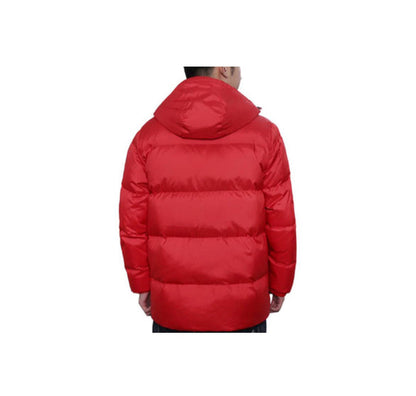 Converse One Star red puffer jacket back view with hood and padded baffles