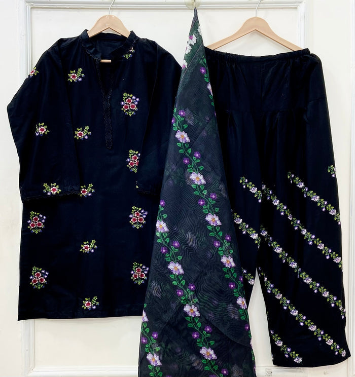 Embroidered Farshi | 3PC Cotton Lawn D-671