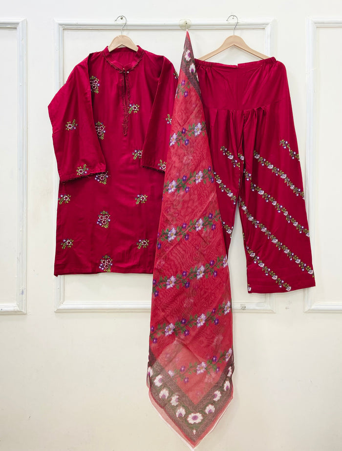 Embroidered Farshi | 3PC Cotton Lawn D-671
