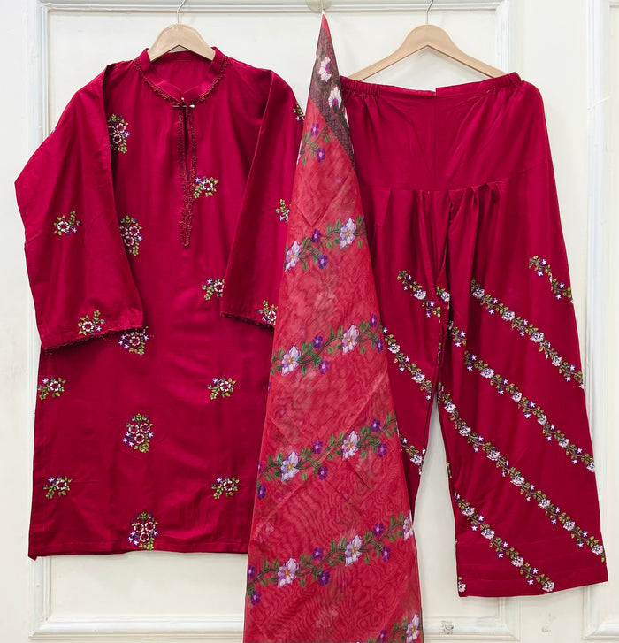 Embroidered Farshi | 3PC Cotton Lawn D-671