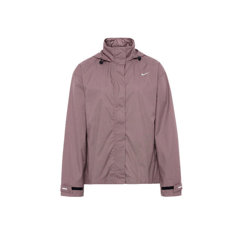 Mauve hooded windbreaker jacket with full-length zipper and zip pockets