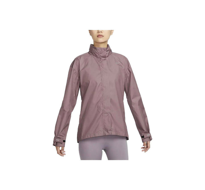 Mauve hooded windbreaker jacket with stand collar, full zipper, and logo