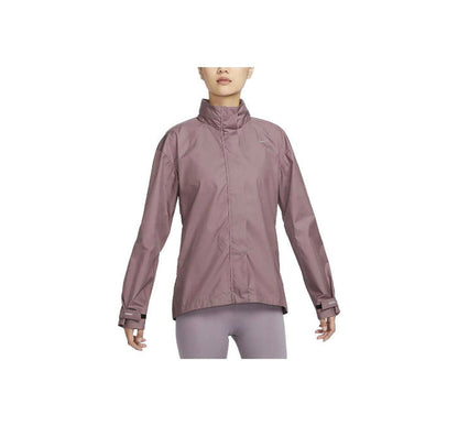 Mauve hooded windbreaker jacket with stand collar, full zipper, and logo