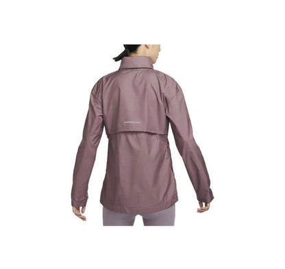 Mauve hooded windbreaker jacket with back yoke panel and full-length zipper
