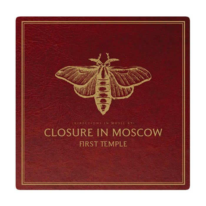 A red album cover features a gold moth illustration above “Directions in Music by: Closure In Moscow First Temple.” Centered artwork and text stand out on the textured background of this Closure In Moscow release.