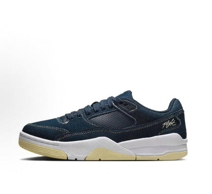 Dark blue low-top sneakers with white midsole and gum outsole