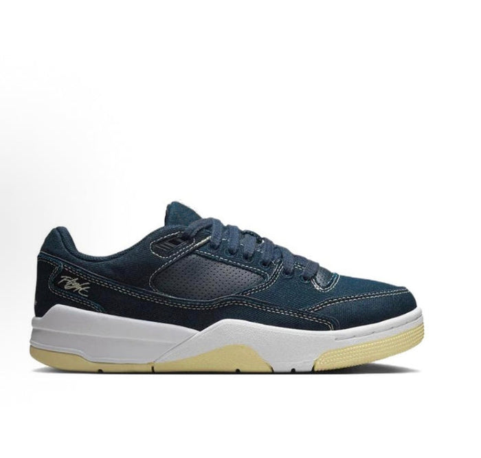 Navy low-top sneakers with side logo detail and white midsole