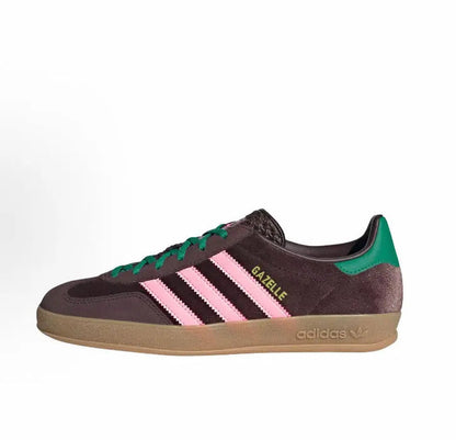 Brown Adidas Gazelle Indoor sneaker with pink stripes, green laces, gum sole
