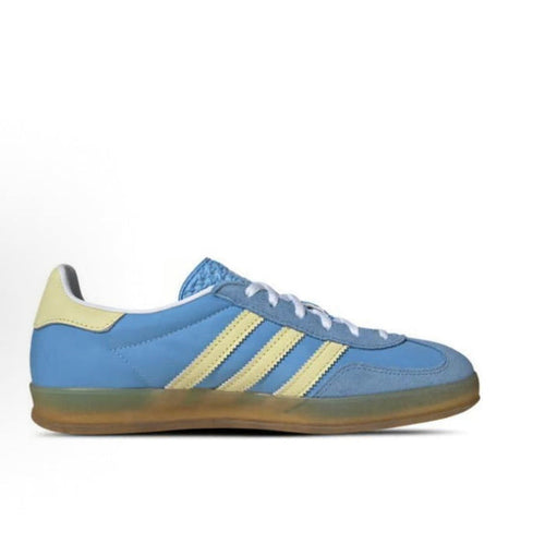 Adidas Gazelle Indoor low-top sneakers in blue with yellow stripes, white laces