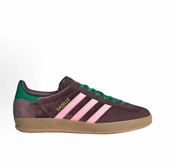 Brown Adidas sneaker side view with green heel tab, pink stripes, gum sole