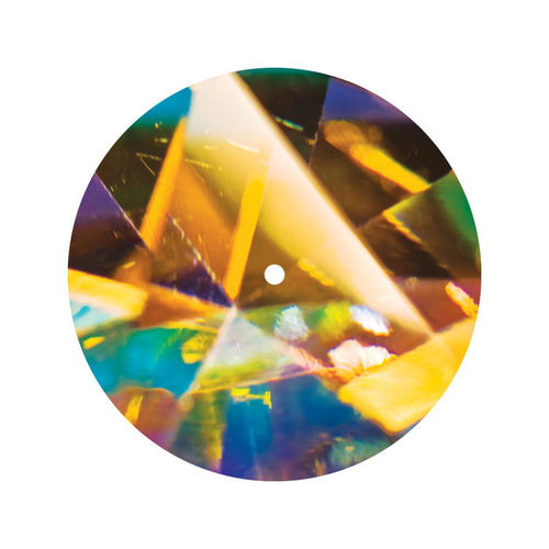 Pretty & Nice's circular vinyl slipmat features a small central hole and displays vibrant yellow, blue, green, and purple geometric light reflections on a white background—an eye-catching accessory for your turntable.