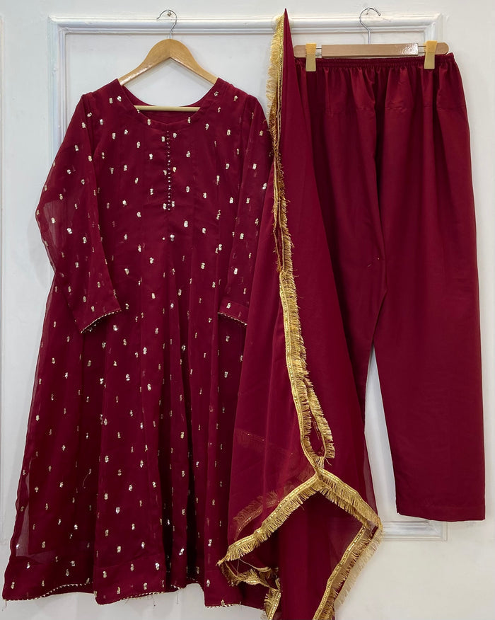 Golden Sparkle Flared Frock 3PC (Chiffon) D-230