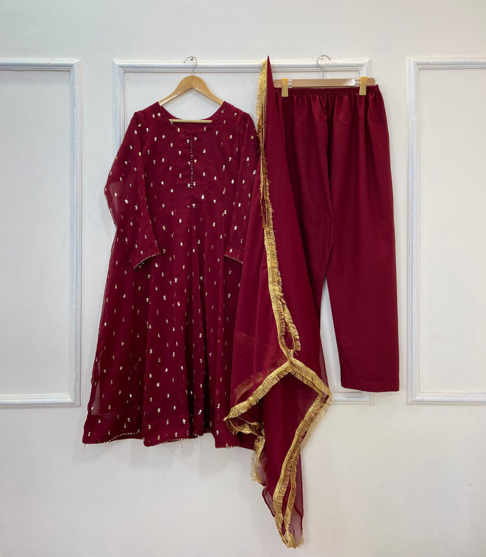 Golden Sparkle Flared Frock 3PC (Chiffon) D-230