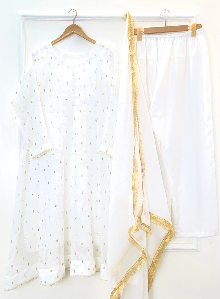 Golden Sparkle Flared Frock 3PC (Chiffon) D-230