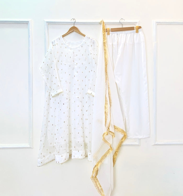 Golden Sparkle Flared Frock 3PC (Chiffon) D-230
