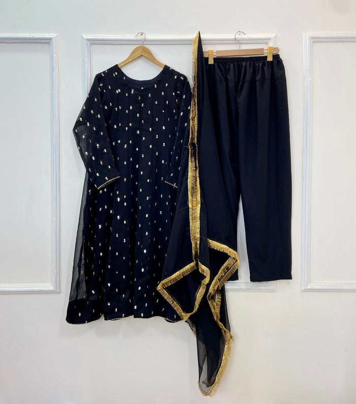 Golden Sparkle Flared Frock 3PC (Chiffon) D-230