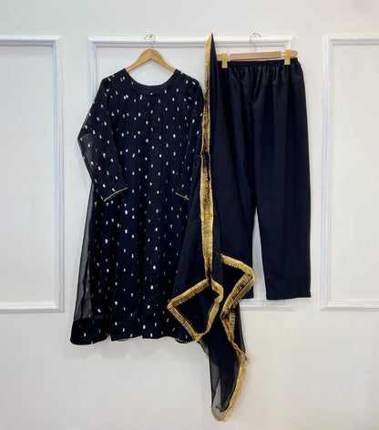 Golden Sparkle Flared Frock 3PC (Chiffon) D-230
