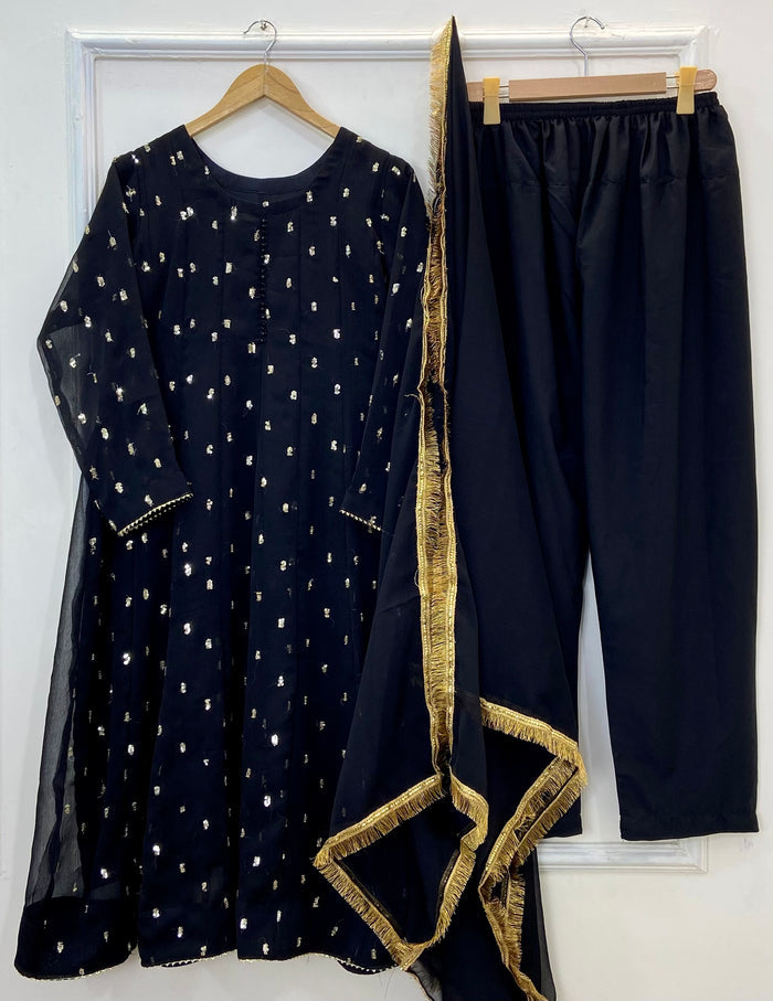 Golden Sparkle Flared Frock 3PC (Chiffon) D-230