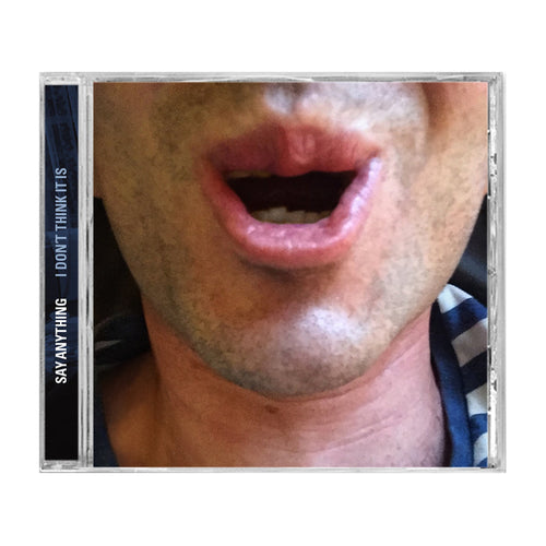 Close-up of a persons mouth and chin, wearing a blue and white striped shirt. Styled as a music album CD cover for Say Anything, suggesting an intriguing track list.