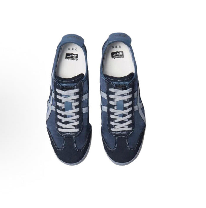 Mexico 66 NM sneakers, two pairs shown, dark blue uppers with white laces and stripes