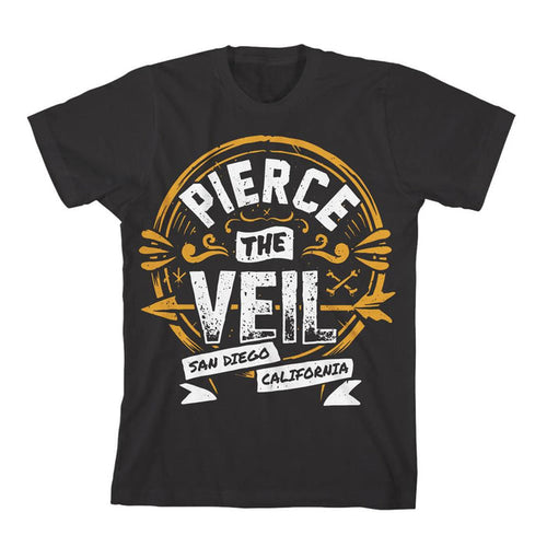 Pierce The Veil black Comfort Colors T-shirt with a circular yellow, white, and orange seal graphic, featuring “Pierce The Veil” and “San Diego California” in bold, distressed fonts on banner-style backgrounds.