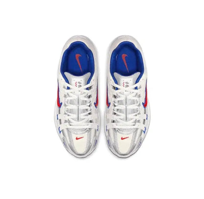 Premium running sneaker pair, white laces with blue tongue lining and red swoosh