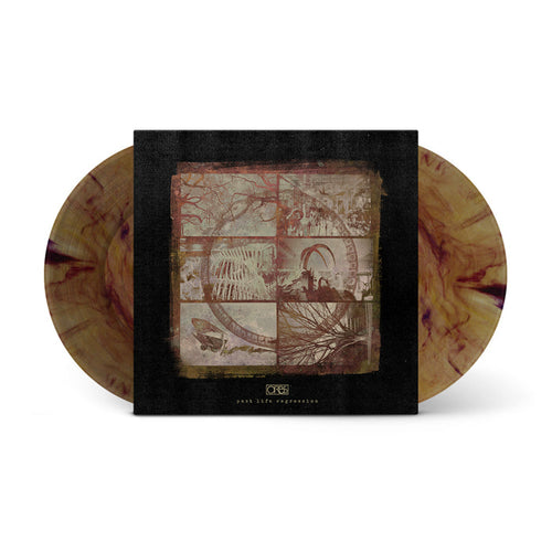 A limited edition Orbs vinyl with a marbled brown and tan pattern peeks out from its square album cover, which displays a collage of sepia-toned images framed by a dark border.
