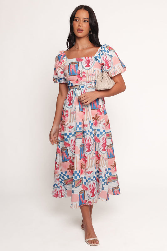 Clo Puff Sleeve Midi Dress - Pink Blue