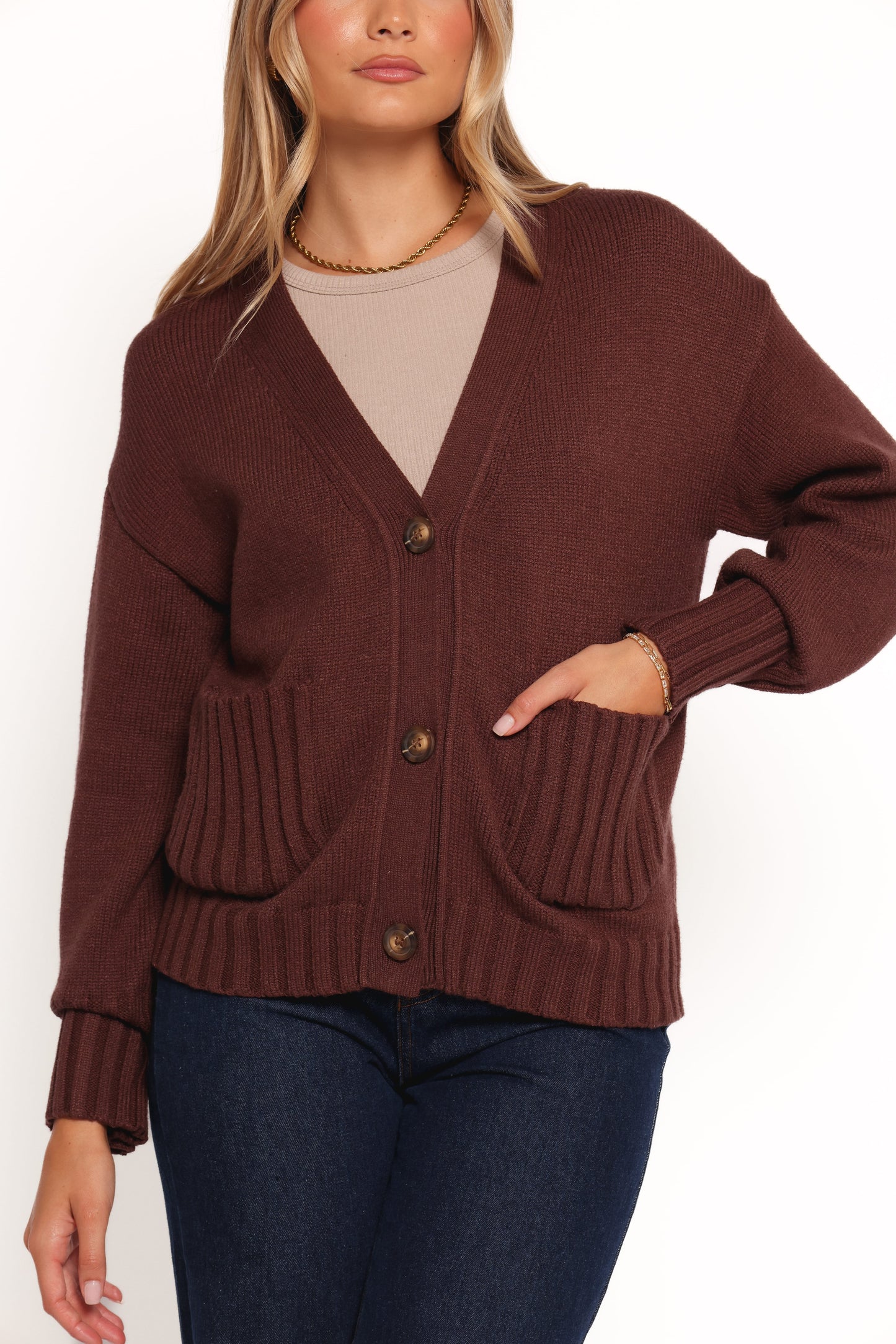 Eden Button Front Cardigan - Brown