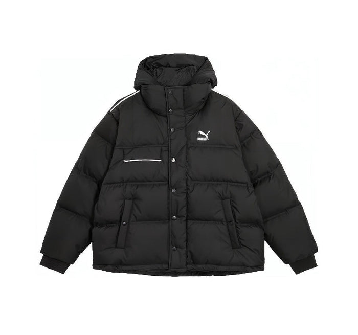 Black hooded puffer down jacket with front zipper and Puma logo