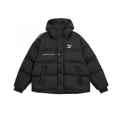 Black hooded puffer down jacket with front zipper and Puma logo