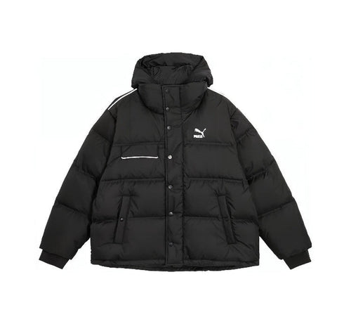 Black hooded puffer down jacket with front zipper and Puma logo