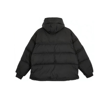 Black hooded puffer down jacket, back view with quilted panels
