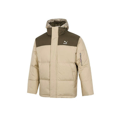 Puma tan puffer jacket with hood, full-zip front and logo at chest