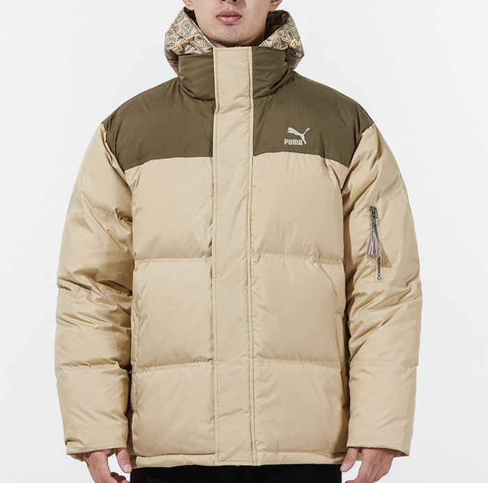 Puma tan puffer jacket with contrast dark shoulders, full-zip and chest logo