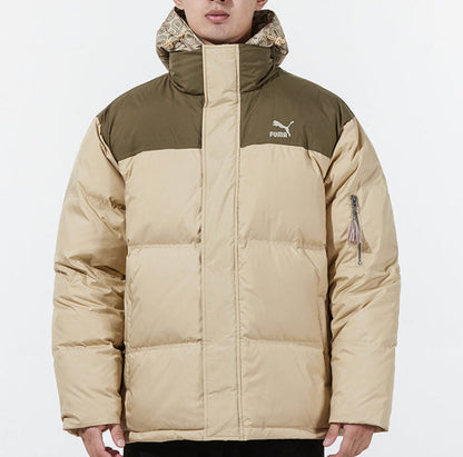 Puma tan puffer jacket with contrast dark shoulders, full-zip and chest logo