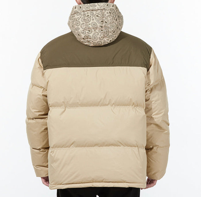 Puma tan puffer jacket back view with hood and horizontal quilted panels